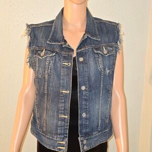 Lucky Brand Denim Vest Frayed Sleeveless Jean Jacket‎ Women's Size L/G